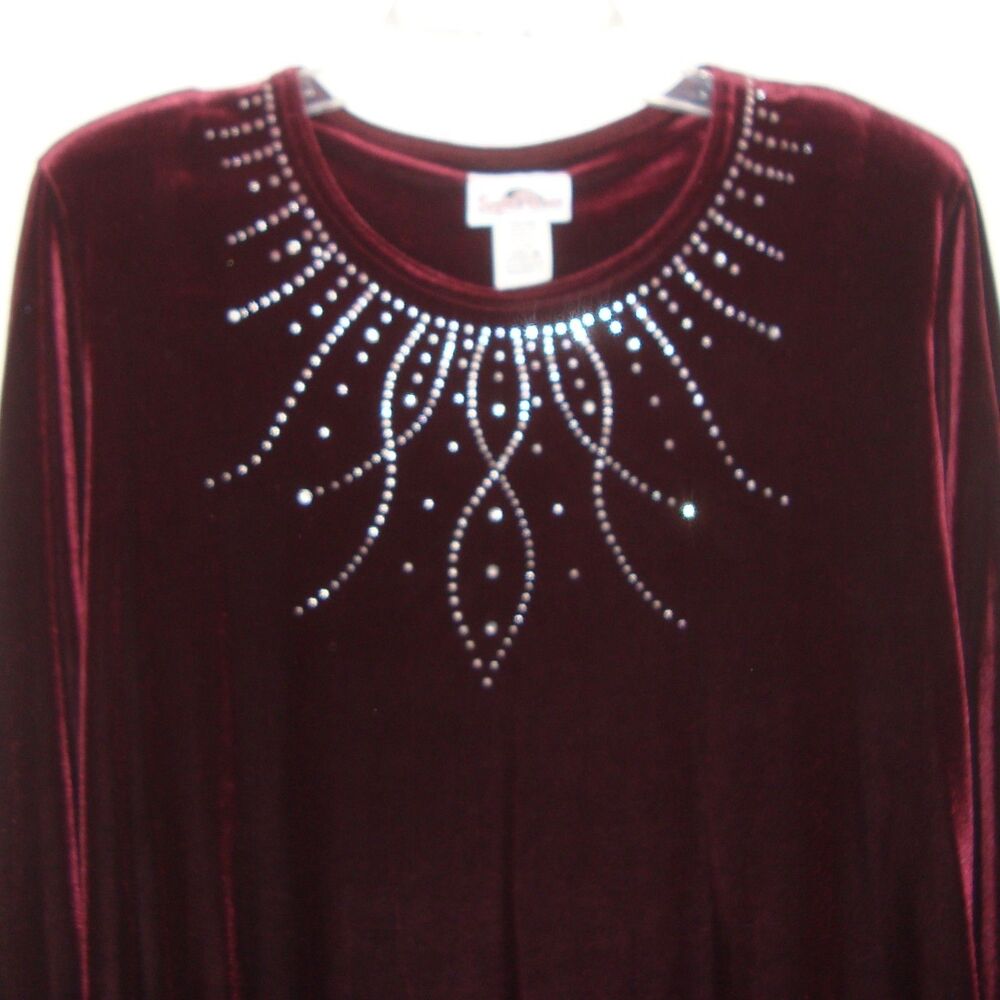 Vintage Superline Burgundy Velvet Sparkling Embellished Tunic Top L/XL?